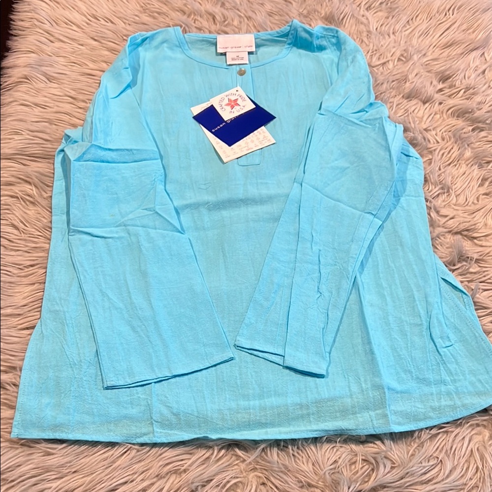 Susan Graver Blue Mandarin Collar Button Down Blouse